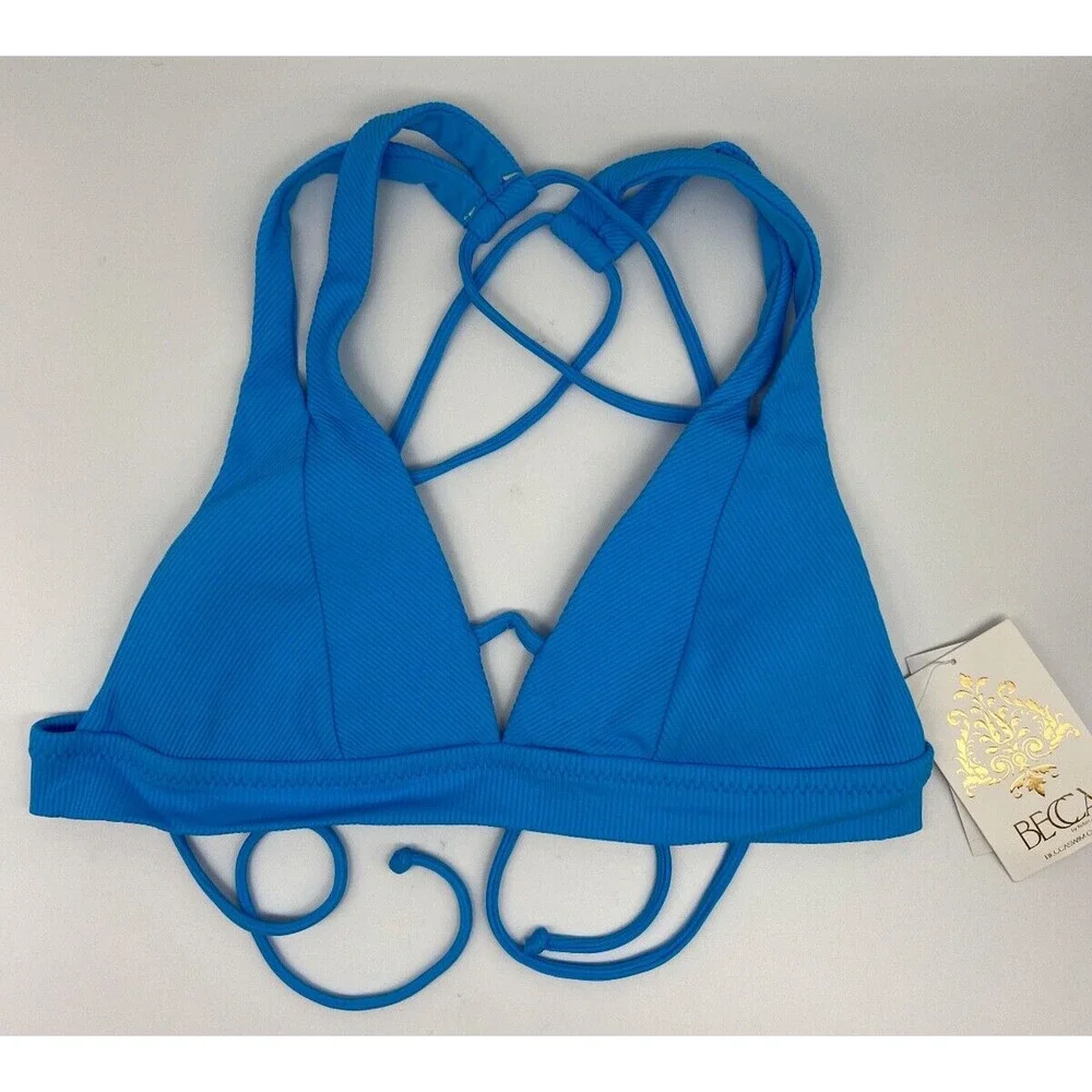 Becca Bikini Top Women's Sz M Bra Swimwear Ribbed Blue Removable Pads NWT - Picture 1 of 10